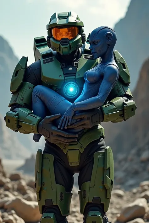 Master Chief carries Cortana in his arms. 