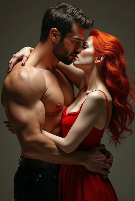  STRONG MAN, elegant, peligroso,  hugging and kissing a red-haired woman. full of passion, while the back of the neck .