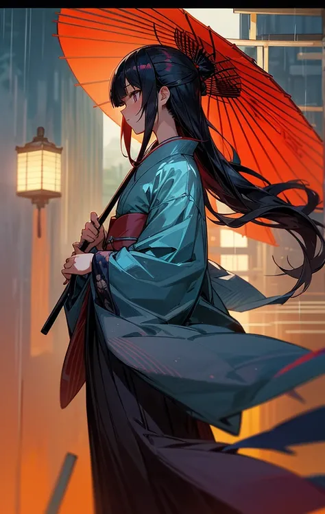 theme「 Blue Kimono （Long-sleeved kimono）Wearing、 profile of a girl holding a beautiful red Japanese umbrella with both hands 」、 style 「 black hair with red hairpins 、 long hair with straight bangs 、 side hair tied with round balls at the tips 」。、background...