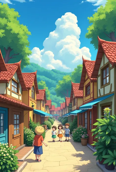 a colorful town with happy people in the anime style of Studio Ghibli