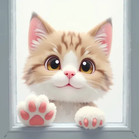 Through the frosted glass, I saw a beautifully textured, fuzzy cat face, with two pink paws extending below. The background is simple and in a cartoon style. The primary colors are white and gray, featuring a minimalist design. Theres a close-up of just on...