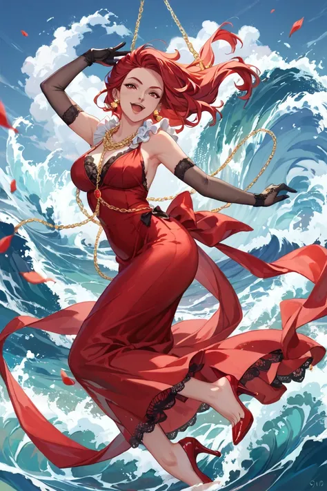  long red hair wave 、Red eyes、 with a crimson dress
white lace ruffles、barefoot、Red Heels、
 mature、 black fur around neck 、 Black Gloves 、
Dancing、Character portrait、volcano background 、 gold chain
Open your mouth , 