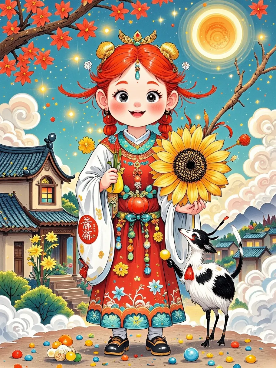 Ancient Chinese mythology ， Chinese horror， shadows of the trees around ， with strange patterns on her face ，Black lips，Dark，Red long skirt， long red hair ， The headdress is a dark red equinox flower， is surrounded by dark fog ， The flower petals are as go...