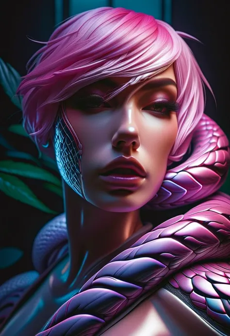 Cyberpunk l close up pink haired female with a white anaconda around her neck, portrait, clear sharp focus, featuring a dark and eerie atmosphere hyper realistic, 8K professional photography art, photorealistic masterpiece: by aaron horkey and jeremy mann:...