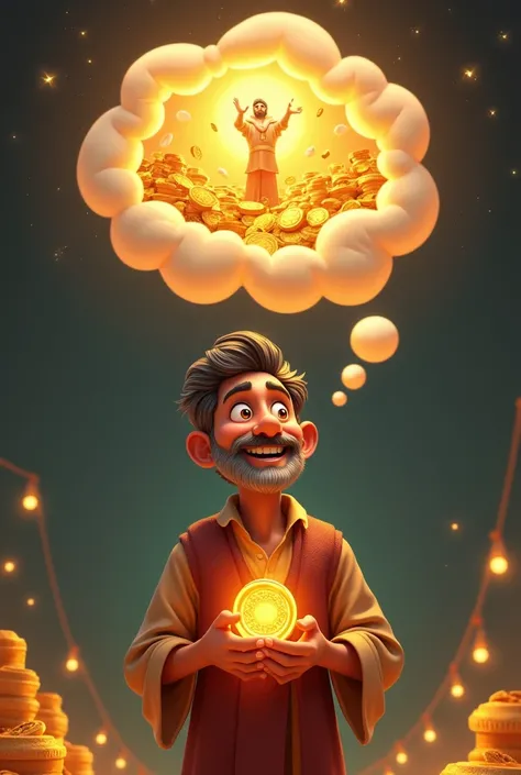 "Raju holding the golden coin close to his chest, with a wide smile on his face, imagining himself surrounded by riches and wealth in a thought bubble above his head."