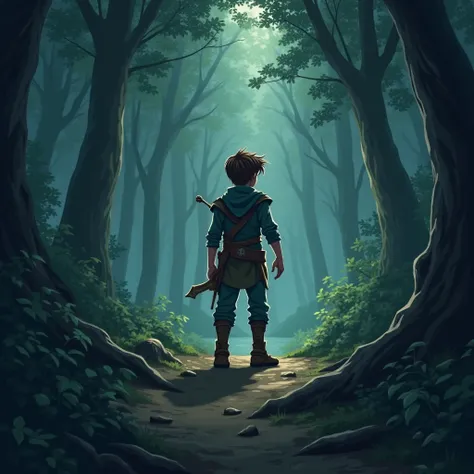 "  A young adventurer named Kael stands on the edge of a dark and mysterious forest., With a determined expression as he prepares to enter  ."