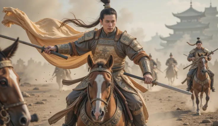 Tang Dynasty, battlefield,男人身披Tang Dynasty铠甲,Man riding horse , Holding a weapon , His eyes were full of murderous aura 。The weapon stabs the enemy,