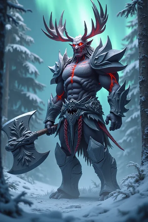  A 3D-rendered image of a Canadian Demon King, a towering and menacing figure with antler-like horns resembling moose antlers. His armor is icy and adorned with maple leaf motifs, glowing red veins running across it, symbolizing his immense power. He wield...