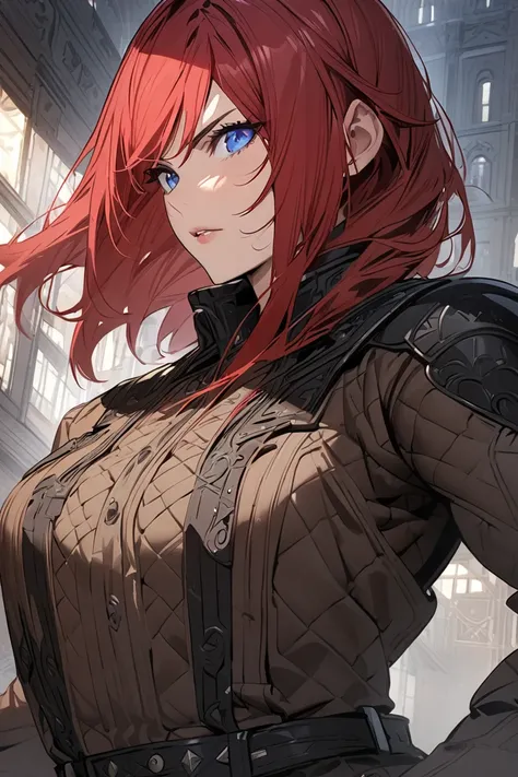 (( best quality)), ((masterpiece)), ( Details), Late 20s, woman,  red hair,  blue eyes, mercenary, Confident