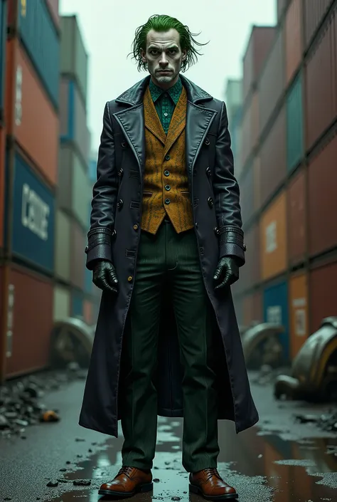 The riddler villain character hazel eyes wearing cosplay old school  costume upper portrait in Gotham city full body view at the harbors shipping contaners stackes atmosphere background 