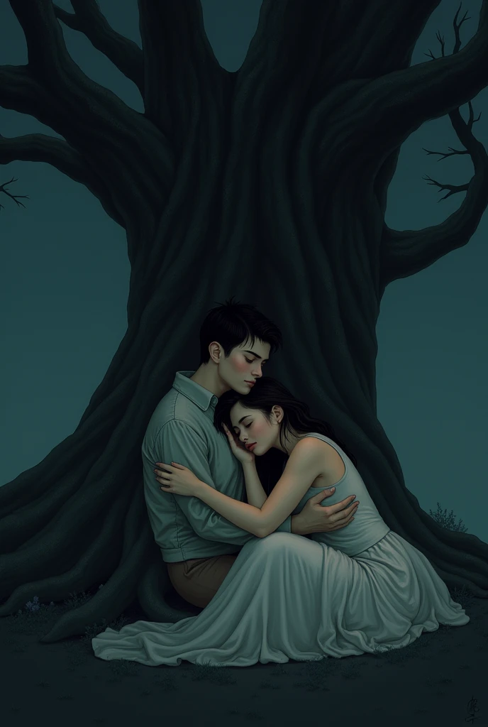 A couple under a tree in darkness. Girl is lying on lap of boy in sitting position 