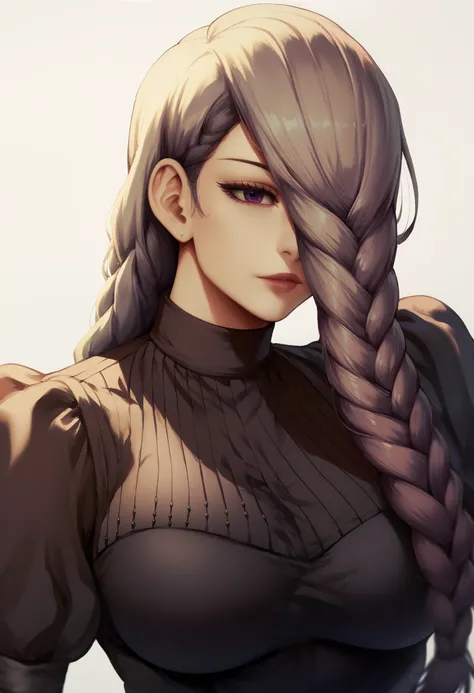 Sciamano240 style, 1girl, solo, mei mei, long hair, very long hair, braid, hair over one eye, braided ponytail, one eye covered, braided bangs, purple eyes, large breasts, black dress