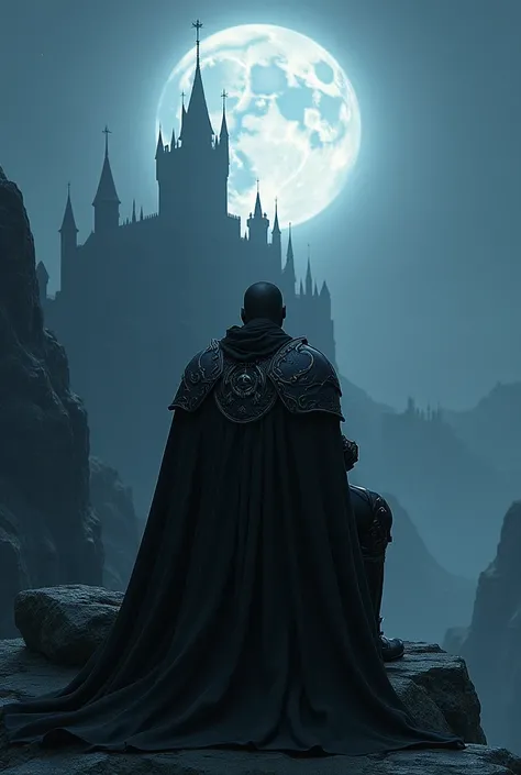 Dark fantasy knight sitting  stone behind a moon and castle 