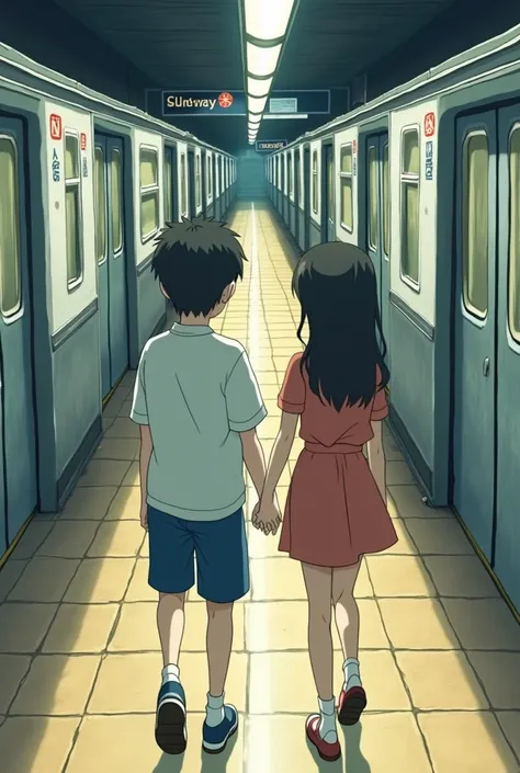  boy and girl  , In the subway  ,  boy goes right  ,  girl goes left  , view from the side ,  They both go their separate ways anime, Anime Style, few details 