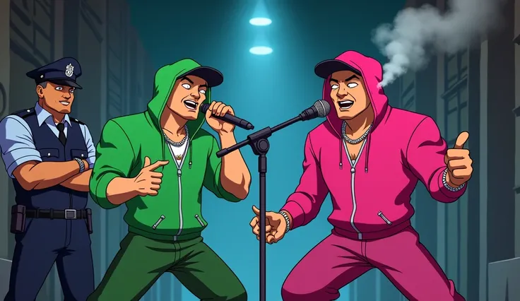 Animation of two cool Asian Chinese hip hop gangsters, One is green and the other is pink. , , one of them is singing with Bullet Club ,  smoking This and there is a microphone on the stand in the middle of them.,  A police officer is standing with his arm...