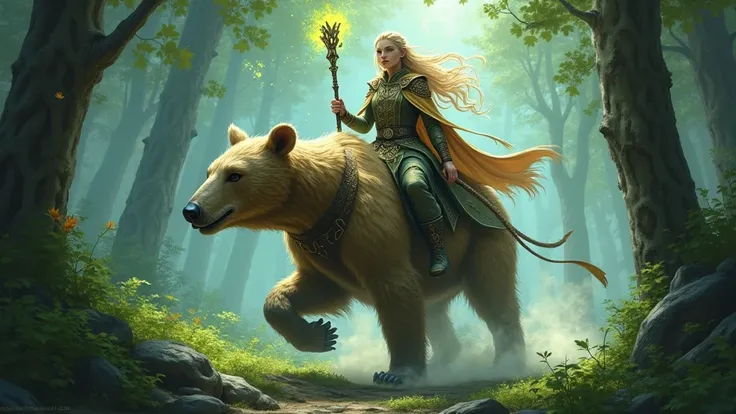 Mage elf riding a bear with a anteaters head 