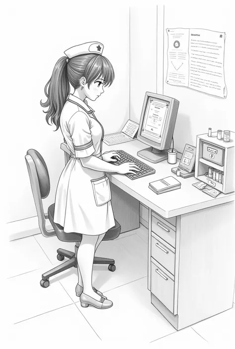  black and white drawing pencil slightly hatched, Hospital,  nurses room with desk ,  PC and keyboard , Medication ,  files and a young , pretty,  brunette nurse from the 2000s 