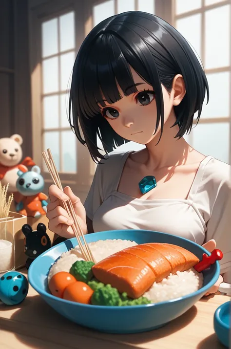 1 , Alone, breasts, Rice,  short hair, fringe,  black hair, hair, Jewel,  with your mouth shut, toys, toys de argola, anime, 
