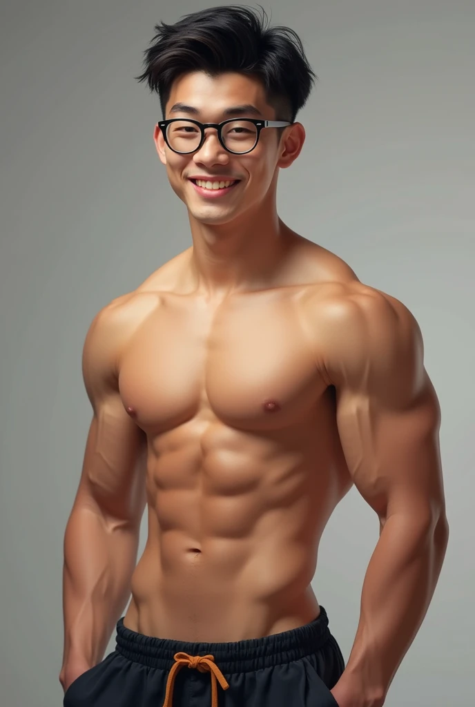 Create a  asian boy not adult/matured look with abs with his dick showing and has glasses on it