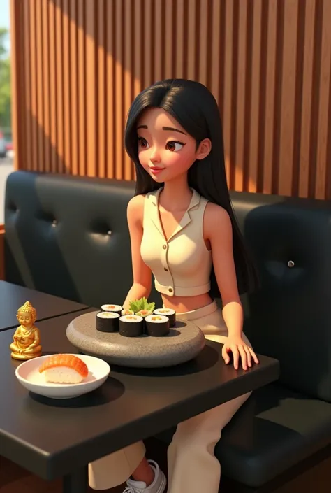 Woman 30 years, long straight black hair, wearing creme short sleeveless buttoned vest and creme long loose trousers with white sneakers. At Sushi restaurant with wood slat paneling in walls, black rectangular tables, sitting on black leather upholstered b...