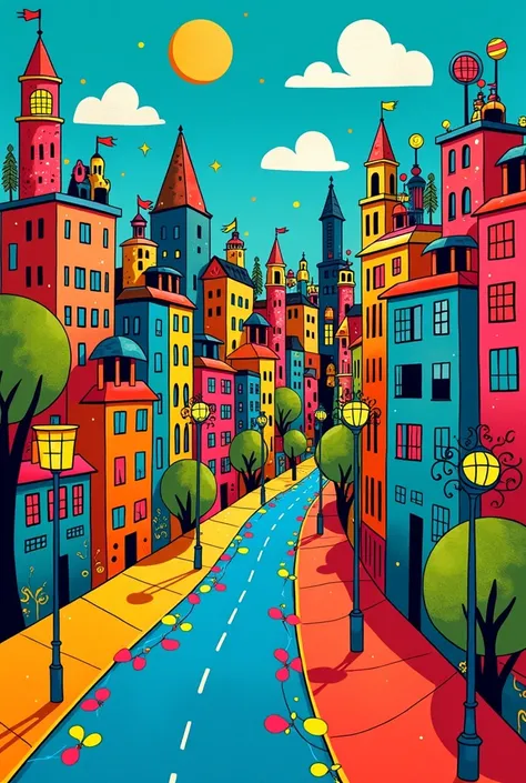 Illustrazione di una città funny fronte view in stile romero britto