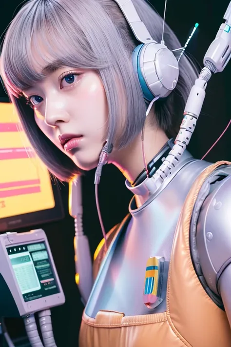 masterpiece, best quality, extremely detailed,portrait,front view,Japaese android girl,Plump,pastel color uniform, control panels,android,Droid,Mechanical Hand, Robot arms and legs,Blunt bangs,long tube,thick cable connected her neck