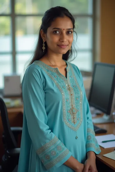 Hd image of kerala lady office staff wearing sky blue kurti