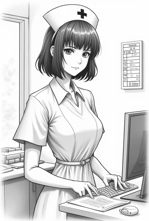  black and white drawing pencil slightly hatched, Hospital,  nurses room with desk ,  PC and keyboard , Medication ,  files and a young ,  European,  brunette nurse from the 2000s 