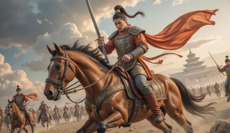 Tang Dynasty, battlefield,男人身披Tang Dynasty铠甲,Man riding horse , Holding a weapon , His eyes were full of murderous aura 。