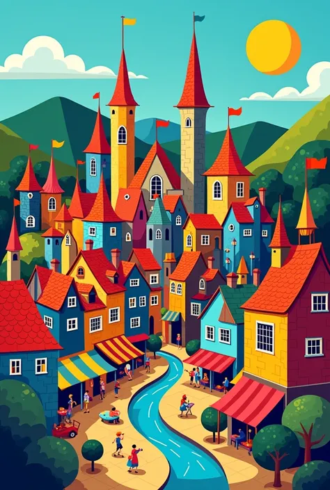 Illustration of a funny medieval city in front view in Romero Britto style