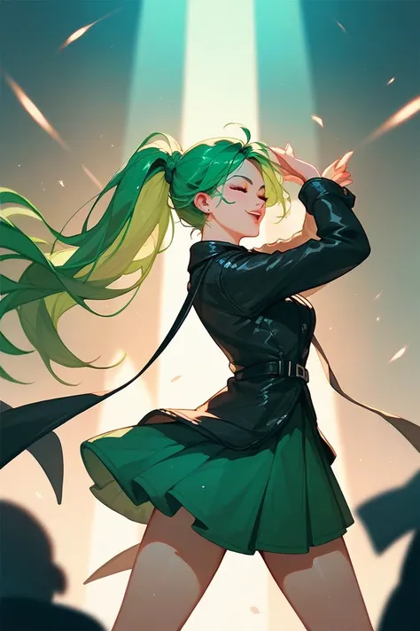 Green-haired girl with a long ponytail hairstyle, wearing a green skirt and a black trench coat, dancing.