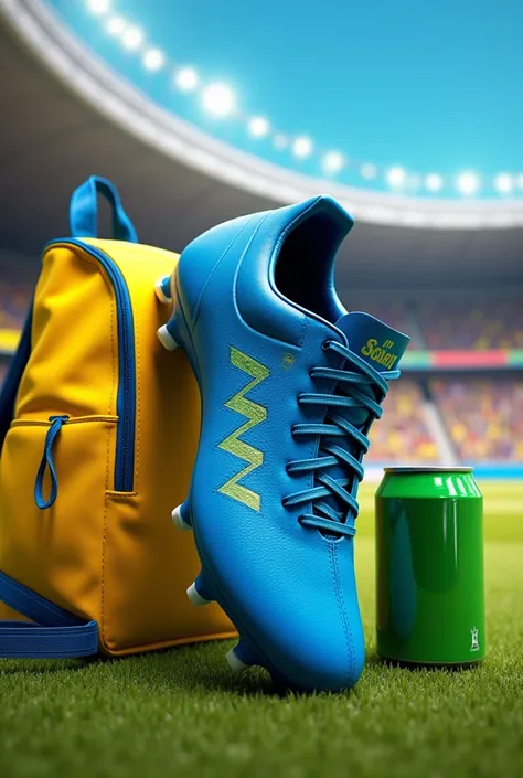 Blue boot , Bright green soda can ,  yellow backpack , at the soccer stadium in Brazil