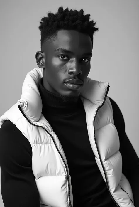  A black man with black sweater and white down vest