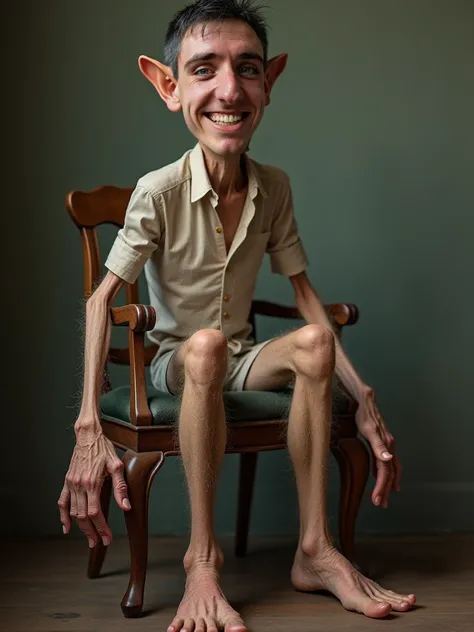 hyper-realistic 4K photo of tall, dark short haired, pale skin dorky white guy, that has lanky oversized hairy feet, long toes. sitting in a chair, side poses, tongue out