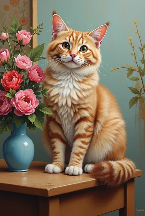 painting of a cat sitting on a table with a vase of flowers, art painting by Neil Gleyen ,  instagram, furry art, in a painting of a cat, a painting of a cat, bizarre art,  cute woman, afternoon, painting of a cat, Cat on the table, very humorous oil paint...