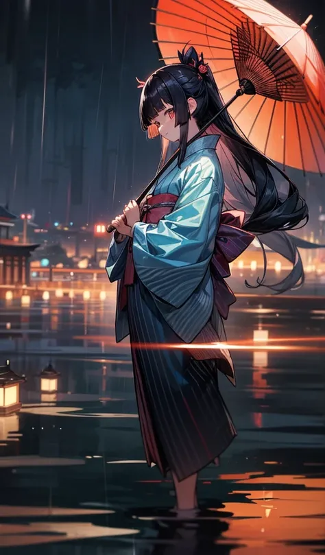 theme「 Blue Kimono （Long-sleeved kimono） wearing a Japanese umbrella with both hands 」、 style 「Long hair with black bangs 、 on the sides {x} tied to the ends of the hair with round balls」。、background「Fantastic Kyoto at night 、 cityscape after rain with neo...