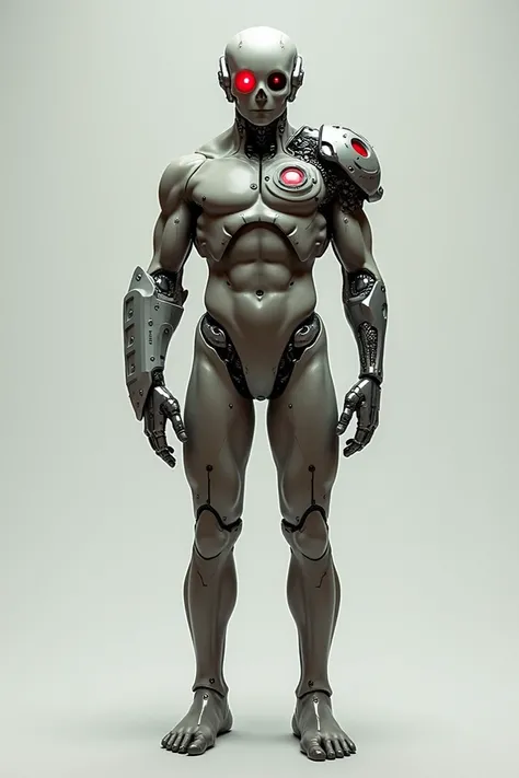 Créer un cyborg (full body). La plupart des parties de son corps est humaine, il a un bras robot et un oeil rouge. Il es droit debout.