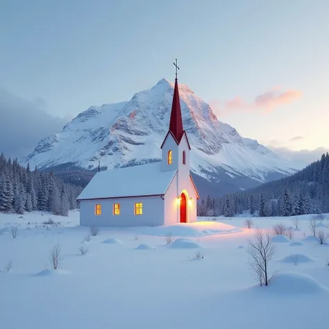  A small white church in the snow shines yellow ， with red spires and warm yellow light shines through the window， under a snowy mountain in the distance ，Under the sky at dawn ， The sky has a faint aurora ，Shows a peaceful winter scene， soft light， The de...