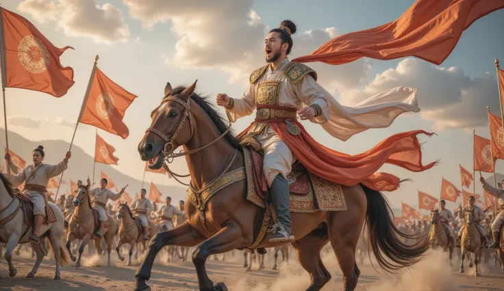 Tang Dynasty, battlefield,男人身披Tang Dynasty铠甲,Man riding horse , Holding a weapon , shout loudly ,Greet the victory , the soldiers wave the flag and shout 。
