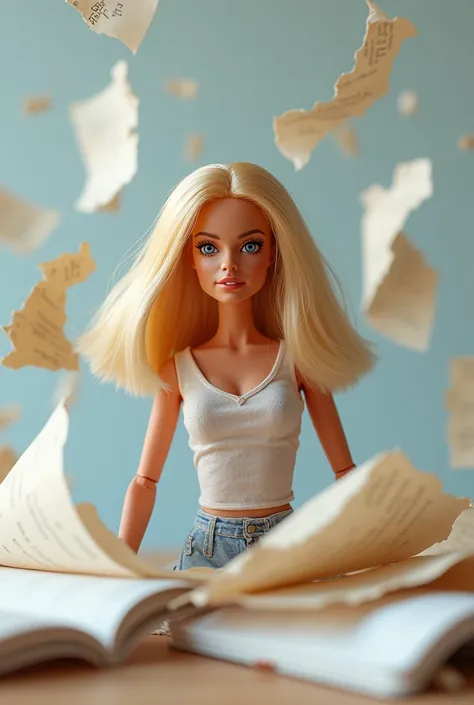 Annoyed blonde Barbie doll tearing sheets of paper and notebooks.