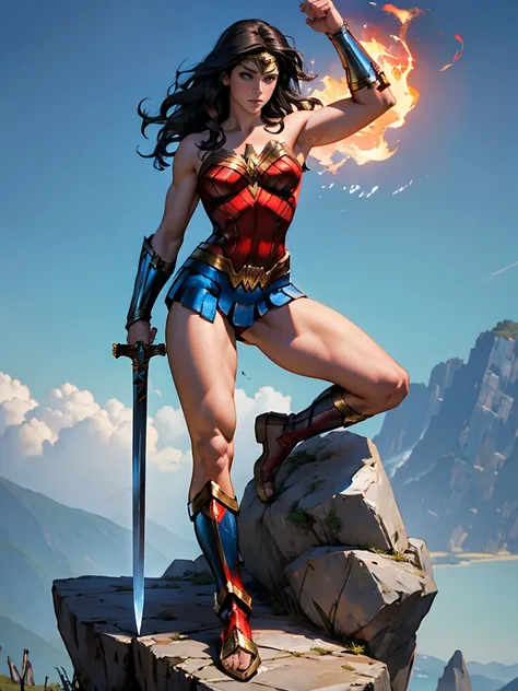 wonder woman, standing in heroic pose with a large sword, leg raised with foot resting on a rock, looking to the side,open legs, fire in the background