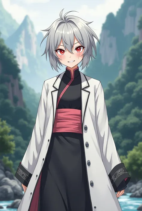  silver short hair ,  hair a little messy  ,  smilehigh resolution  ,  excellent performance  ,  smile sees teeth ,  shows your upper teeth ,  pleased face ,  evil smile ,  has a red circle around the eyes  ,  lines above the eyebrows  ,  The background is...