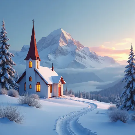  A small white church in the snow shines yellow ， with red spires and warm yellow light shines through the window， under a snowy mountain in the distance ，Under the sky at dawn ， The sky has a faint aurora ，Shows a peaceful winter scene， soft light， The de...