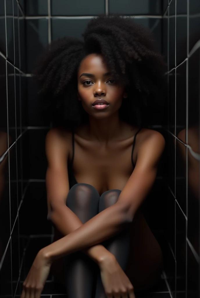 Young woman 19 years old hair : far away, curly, dark tone.
First:  dark skin tone.
face: delicate features,  with well-defined eyebrows ,  expressive eyes and full lips .
posture:  She is seated in a black tile environment ,  with arms crossed in front of...