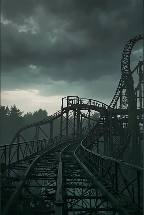 An eerie and desolate image of an abandoned roller coaster structure, overgrown with twisting, lifeless vines. The skeletal frame of the coaster looms against a murky, overcast sky, evoking a sense of decay and forgotten memories. The atmosphere is dark, m...