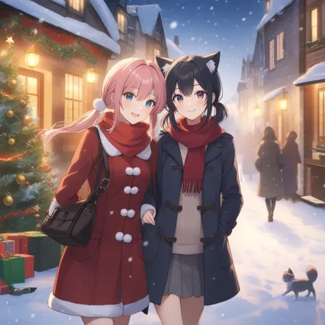 Two anime style girl,Winter, winter town, Christmas, Christmas tree, snow, snowing, Santa Claus, Santa costume, 1girl,pink hair, twintails, odd eyes, heterochromia, cat ears girl, Other girl,black hair, low twintails, dark gray eyes girl, walking side by s...