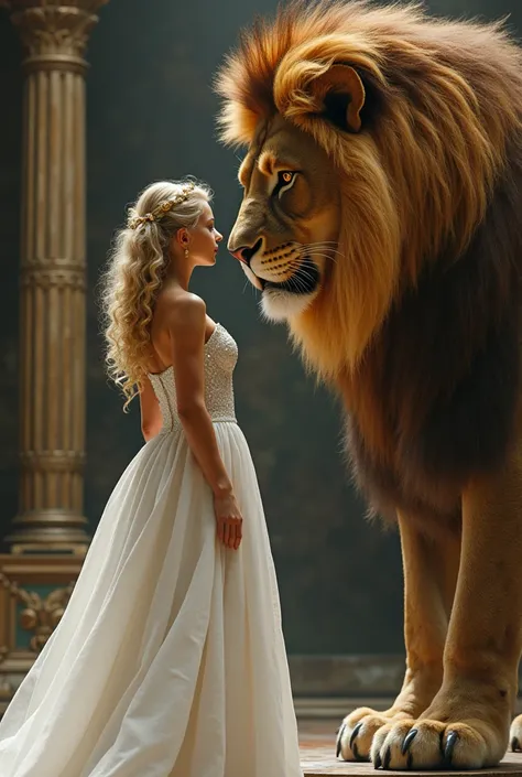 generate an image a big lion bows down to teenage girl  wearing crown white ball gown with wavy,blondy andcurly hair and she is seeing the lion ul by placing her hand in hip