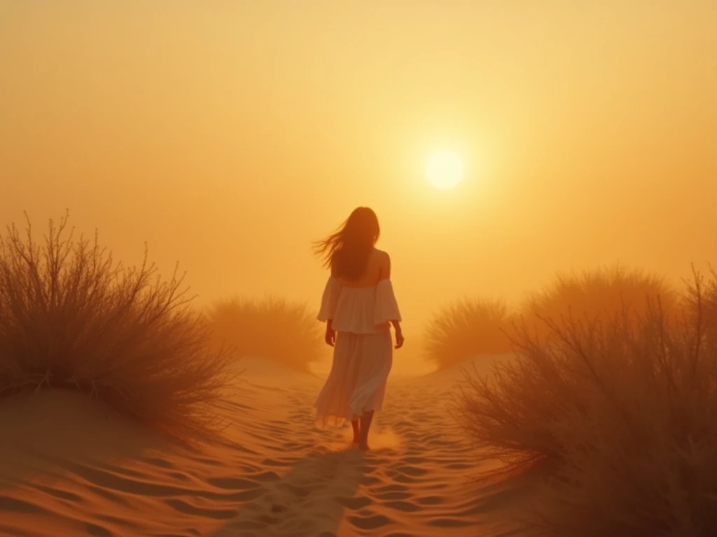 a beautiful cute girl wandering in the desert, extremely wide field of view, official art, best quality, masterpiece, 8k, ultra-detailed, dramatic lighting, glowing warm colors, dramatic atmosphere, volumetric fog, epic sandstorm, sweeping cinematic compos...