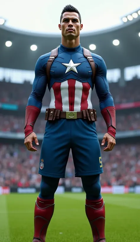  create the fusion of Cristiano Ronaldo with Captain America he is wearing blue pants. He is wearing ,  the setting is a soccer stadium ,  pants he is in a confident pose  