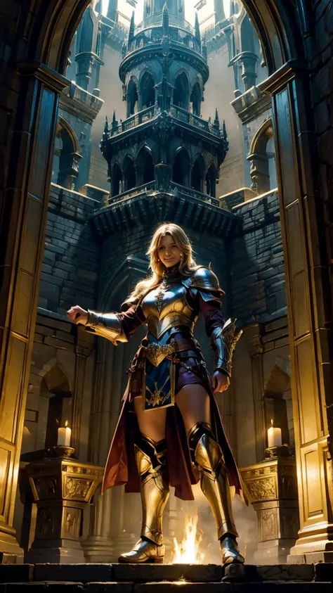 (1 mature muscular female paladin,gorgeous paladin armor,arm guard,leg guard), ((castle,The Kings Chamber)),(smile),dynamic pose,dynamic angle,navel,pose for photo,from below